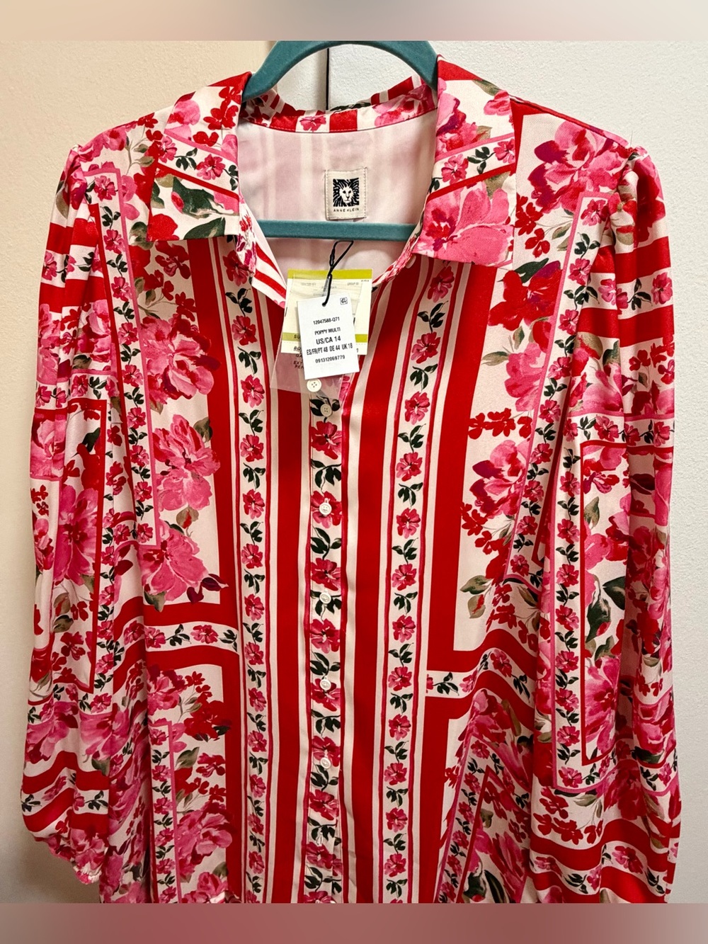 NWT Anne Klein Women's Size 14 Printed Red and Pink Flounce-Hem Shirtdress - Picture 4 of 7